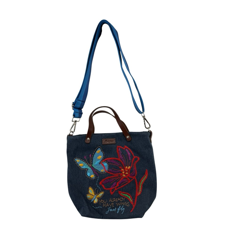 Brighton Petal Wings Butterflies Embroidered Denim Purse Crossbody $165